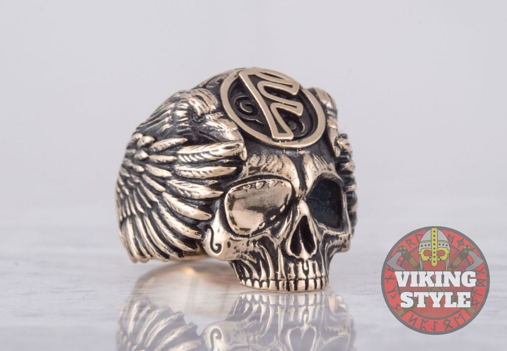 Fehu Rune Ring - Skull, Bronze