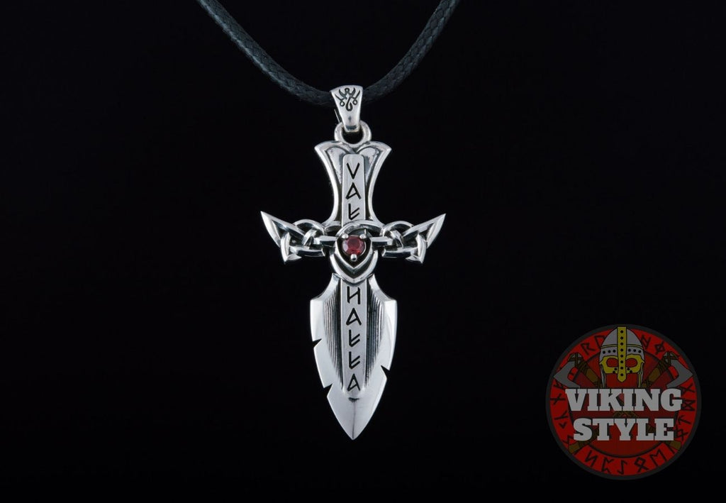 Unisex Silver Tone Norse Sword Pendant Black String Necklace