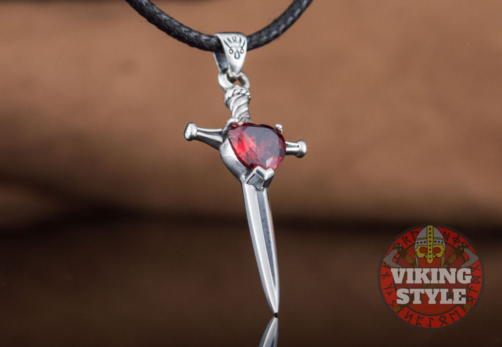 Viking Sword Pendant - Red Zirconia, 925 Silver