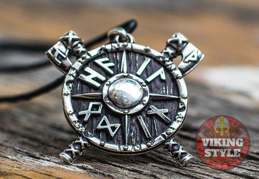 Viking Shield & Axe Pendant - Large, 925 Silver