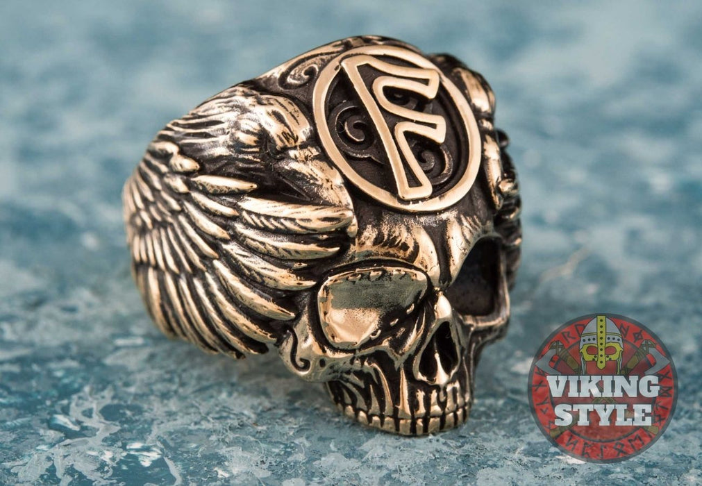 Fehu Rune Ring - Skull, Bronze