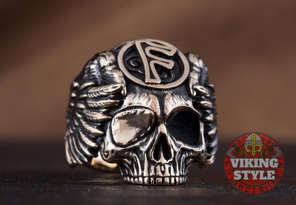 Fehu Rune Ring - Skull, Bronze