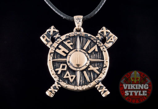 Viking Necklaces - Shield & Axe Pendant Bronze