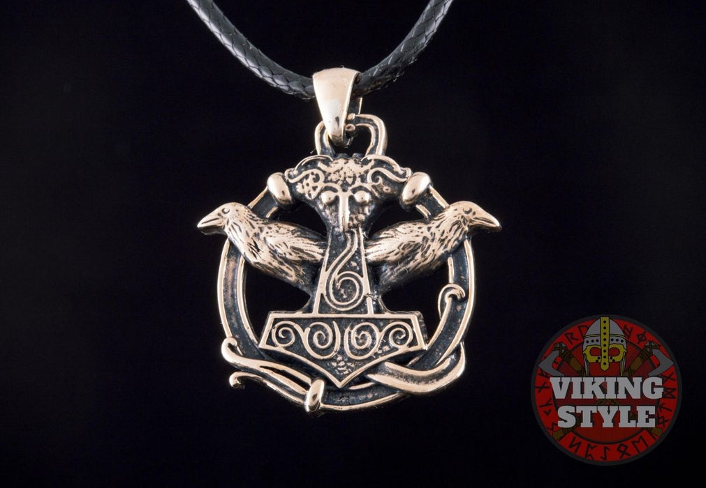 Viking Necklaces - Huginn & Muninn Mjolnir Pendant Bronze