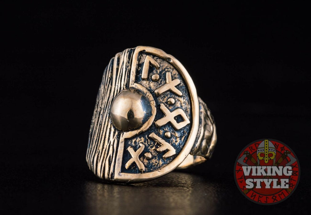 Viking Shield Ring - Runic, Bronze